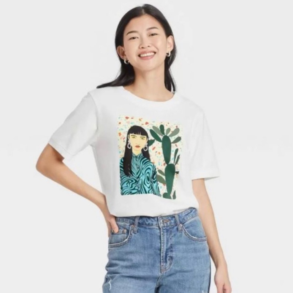 Bijou Karman l S Retro Lady Terrazo Cactus Plant Ribbed Crew SS Graphic T-Shirt